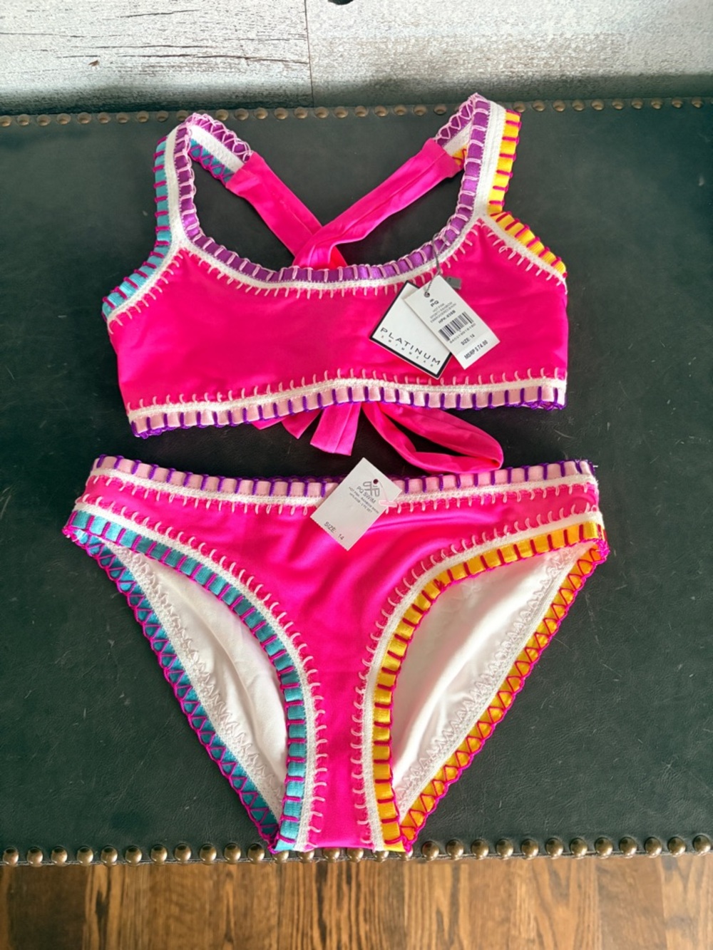 PQ Swimwear Hot Pink Bikini Top with Crochet Trim